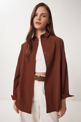 Kadın Çikolata Oversize Uzun Basic Gömlek  DD00842 ürün fotoğrafı