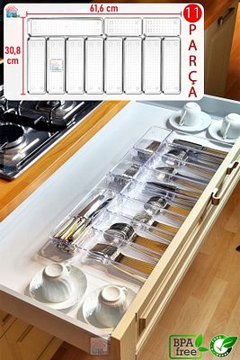 11'li Set Modüler Mutfaklarda Çekmece Içi Kaşıklık Organizer Düzenleyici Şeffaf ürün fotoğrafı