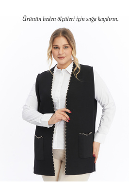 Triko Büyük Beden Çelik Örgü Orta Kalın Mevsimlik Kadın Tüylenmez Anne Siyah Yelek ürün fotoğrafı