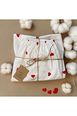 %100 Pamuk Ranforce Kumaş Lastikli Bebek Çarşafı-kırmızı Kalp-(70X110X5)(60X120X10) ürün fotoğrafı