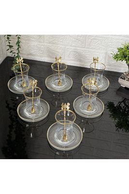 18 Parça Çay Seti Gold Kelebek Çay Kaşıklı 6 Bardak 6 Tabak 6 Kaşık ürün fotoğrafı