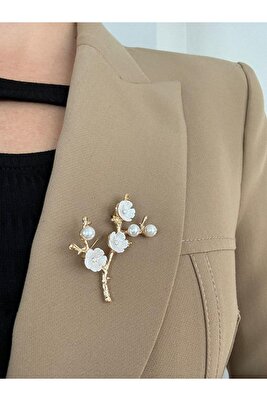 Beyaz Çiçekli incili Dal Broş ürün fotoğrafı