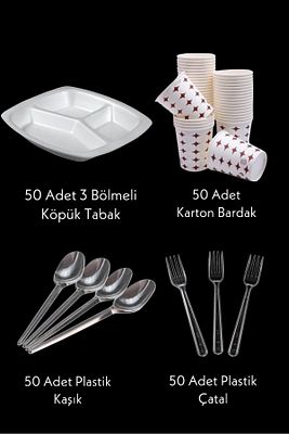 3 Gözlü Köpük Tabak - Plastik Çatal,kaşık - Karton Bardak Eko Set(50li Set) ürün fotoğrafı