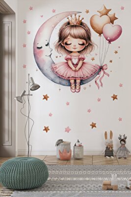 Ayda Oturan Sevimli Kız Çocuk Odası Duvar Sticker Seti, 137 Parça Bebek Odası Duvar Sticker Seti ürün fotoğrafı