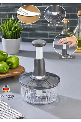 Solingen 3'lü Paslanmaz Çelik Bıçaklı Basmalı El Rondosu Gri-antrasit Bas Kes Doğrayıcı Robot ürün fotoğrafı
