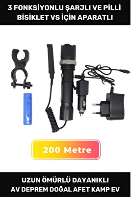 Premium 200 Metre Menzilli Beyaz Işıklı 3 Modlu Şarjlı Pilli Av Kamp Tüfek Aparatlı Bisiklet Feneri ürün fotoğrafı