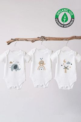 %100 Organik Pamuk 3lü Baskılı Kısa Kollu Bebek Body Fil ürün fotoğrafı