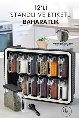 12'li Kendinden Yapışkanlı Kaşıklı Standlı Baharatlık Takımı Kapaklı Kulplu Etiketli Baharatlık Seti ürün fotoğrafı
