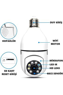 Hd duya takılan pratik 32gb Kart hediyeli 360° Harekeli mobese kamera ampül kamera ürün fotoğrafı