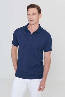 Erkek Çekmeyen Pamuklu Kumaş Slim Fit Dar Kesim Lacivert Kıvrılmaz Polo Yaka Tişört ürün fotoğrafı