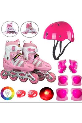 Pembe Işıklı Teker Ayarlanabilir Çocuk Alıştırma Paten 2 Fonksiyon Çakarlı Kask Dizlik Set ürün fotoğrafı