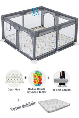 Playard Güvenli Bebek Ve Çocuk Oyun Alanı Oyun Parkı 120x120 Oyun Matı Topları Ve ,yataklı Gri ürün fotoğrafı