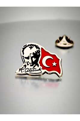 Atatürk&amp;Bayrak Yaka Rozeti Krom Kaplama ürün fotoğrafı