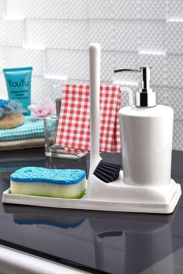 Armona Yumuşak Silikon Fırçalı Tezgah Üstü Mutfak Banyo Sıvı Sabunluk Takımı Süngerlik Bez Seti ürün fotoğrafı