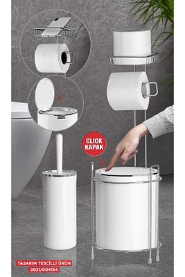 Krom Yedekli Wc Kağıtlık - Yuvarlak Beyaz Çöp Kovası Ve Wc Fırça Seti ürün fotoğrafı