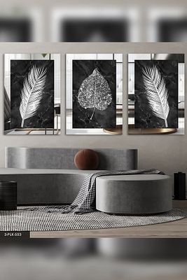 Çiçek Yaprak Gümüş 3 Parça Pleksi Aynalı Tablo ürün fotoğrafı