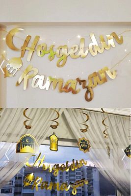 Led Işık Hoşgeldin Ramazan Gold Banner Yazı Iyi Bayramlar 6'lı Tavan Süs Ramazan Oda Süsleme Seti ürün fotoğrafı