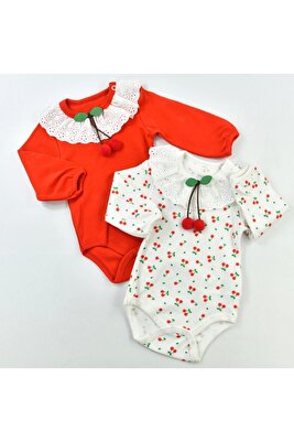 Kız Bebek %100 Pamuk Kiraz Desenli Dantelli 2'li Uzun Kollu Body ürün fotoğrafı