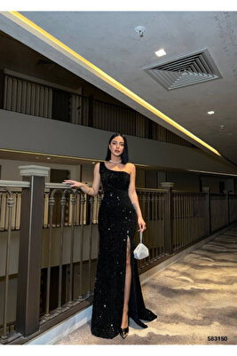 Kadife Pullu Elbise Siyah 583150 ürün fotoğrafı