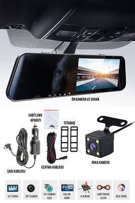 Araç Kamerası Dikiz Aynası- Çift Kameralı, Full Hd 1080p, 170° Geniş Açı, Gece Görüşlü, Geri Görüş ürün fotoğrafı