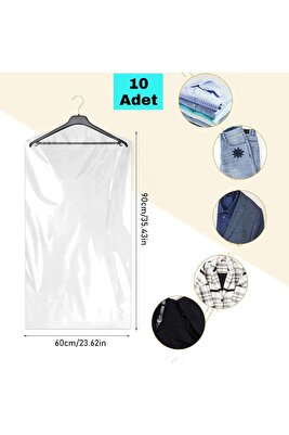 10 Adet 60x90 Cm Şeffaf Elbise Poşeti, Askı Delikli Omuz Kesimli Koruyucu Elbise Kıyafet Hurcu ürün fotoğrafı