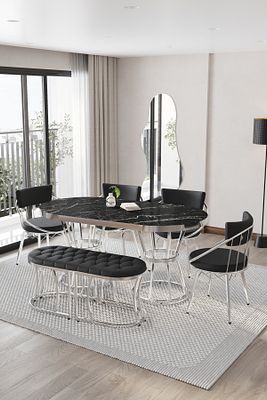 Mutfak Masası Takımı, Salon Masa Takımı 6 Kişilik New Uzay Gümüş Benchli Salon Masa Takımı ürün fotoğrafı