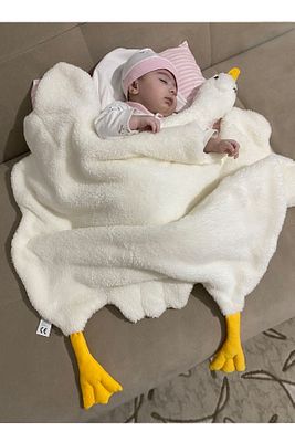 Krem Sevimli Çocuk Bebek Battaniyesi Ördek Kışlık Peluş Welsoft Kaz Battaniye ürün fotoğrafı