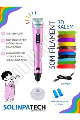 3d Pen Yazıcı Kalem Printer Pembe (10 ADET 5 METRE FİLAMENT-50METRE-VE USB KABLO DAHİL) ürün fotoğrafı