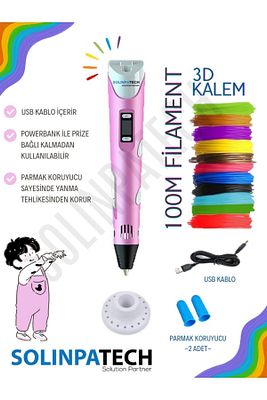 3d Pen Üç Boyutlu Yazıcı Kalem Printer-pembe (20 ADET 5 METRE FİLAMENT-100METRE-VE USB KABLO DAHİL) ürün fotoğrafı