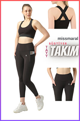 Kadın Takım Taytlı Siyah Yüksek Bel Toparlayıcı Çift Cepli Tayt Ve Ped Destekli Büstiyer 3057 ürün fotoğrafı