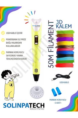 3d Pen Üç Boyutlu Yazıcı Kalem Printer-sarı (10 ADET 5 METRE FİLAMENT -50 METRE-VE USB KABLO DAHİL) ürün fotoğrafı