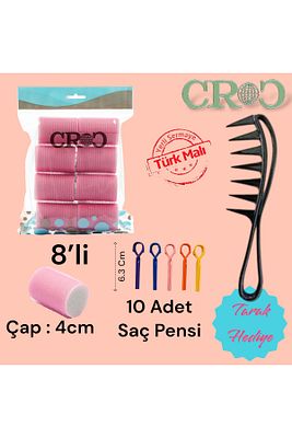 1207 Pembe Cırtlı Sünger Bigudi 8li Çap 4cm Yapışkanlı Saç Bigudisi (10lu Saç Pensli) ürün fotoğrafı