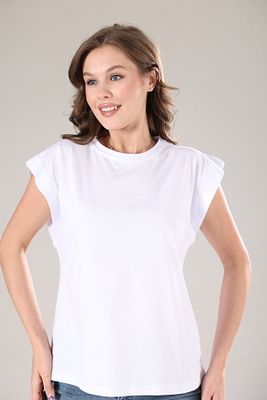 Beyaz %100 Pamuk Vatka Görünümlü Basic Bisiklet Yaka Örme T-shirt ürün fotoğrafı