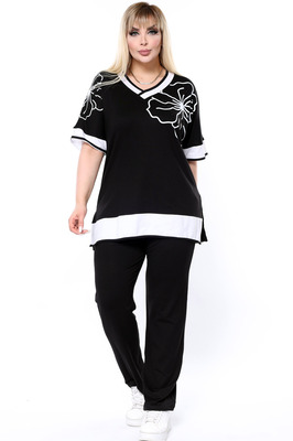 V Yaka Kısa Yarasa Kol Çiçek Taş İşlemeli Yırtmaçlı Bluz Beli Bağcıklı Lastikli Cepli Pantolon Takım ürün fotoğrafı