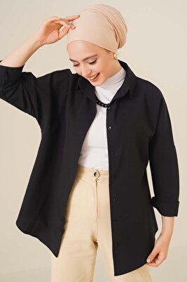Edolika 103901 Oversize Basic Tesettür Gömlek - Siyah ürün fotoğrafı