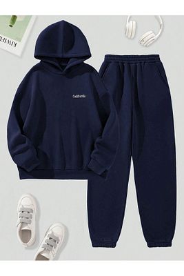 California Yazılı Eşofman Takımı Sweatshirt Jogger - Lacivert Baskılı Oversize Şardonlu Kapüşonlu ürün fotoğrafı