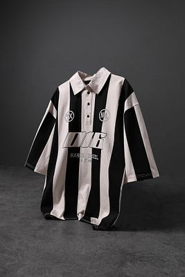 Erkek Bej-Siyah Çizgili Petro Polo Yaka Oversize Forma Tshirt ürün fotoğrafı