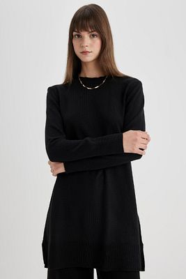 Regular Fit Bisiklet Yaka Yırtmaçlı Basic Düz Triko Kazak Tunik H3431az24au ürün fotoğrafı
