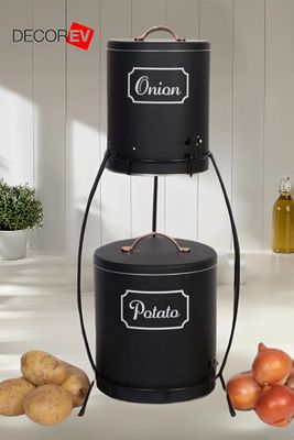 Lüks 2 Katlı Patates Soğanlık Metal Patates Soğan Kovası Sebzelik Sepeti Siyah ürün fotoğrafı