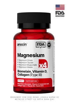 MAGNEZYUM X4 COMPLEX CİTRATE, TAURATE, BİSGLYCİNATE, MALATE + BROMELAİN + KOLAJEN+ H.ASİT+D+B12+B6 ürün fotoğrafı