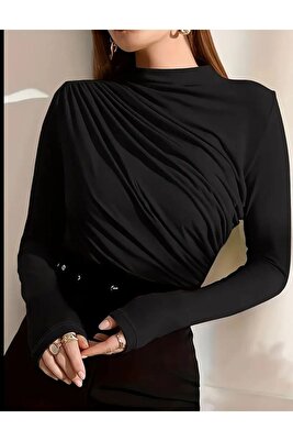 Kadın Siyah Büzgü Detaylı Dik Yaka Sandy Bluz ürün fotoğrafı