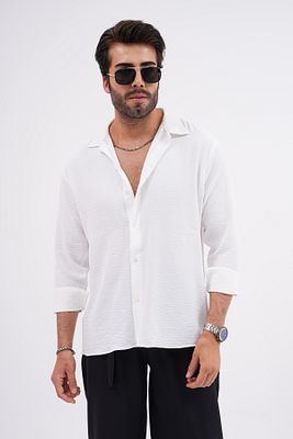Mevsimlik Keten Dokulu Oversize Erkek Gömlek Beyaz ürün fotoğrafı