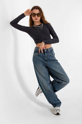 Toka Detaylı Bol Kesim Geniş Paça Rahat Baggy Jean Kot Salaş Kadın Pantolon @milano ürün fotoğrafı