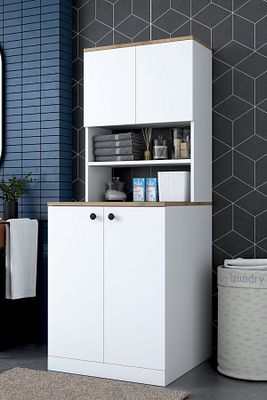 Rani Kd102 Çamaşır Makinesi Dolabı Kapaklı 3 Raflı Üst Dolaplı Banyo Dolabı Beyaz - Sepet Ceviz ürün fotoğrafı