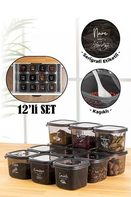 Beyaz Serigrafi Etiketli Kaşıklı 12li Peggy Erzak Saklama Kabı 0,55 Litre Baharatlık Antrasit ürün fotoğrafı