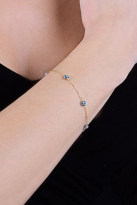 Gümüş Altın Cam Göz Yaldızlı Nazar Gümüş Bileklik Sgtl10610gold ürün fotoğrafı