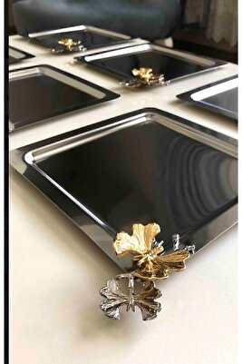 Lüx Sarı Kelebek Aksesuarlı Paslanmaz Çelik Kare 6’lı Gümüş Kahve, Çay, Dekoratif Sunum Servis Tepsi ürün fotoğrafı