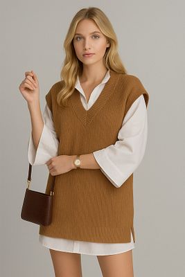 Kadın V Yaka Camel Süveter Kolsuz Yırtmaçlı Oversize ürün fotoğrafı