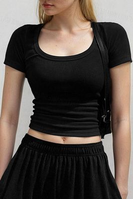 Kadın Siyah U Yaka Kısa Kollu Fitilli Kaşkorse Bluz Body ürün fotoğrafı