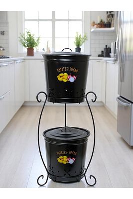 2 Katlı Metal Patates Soğan Kovası - Sebzelik - Patates Soğanlık Sepeti Siyah ürün fotoğrafı